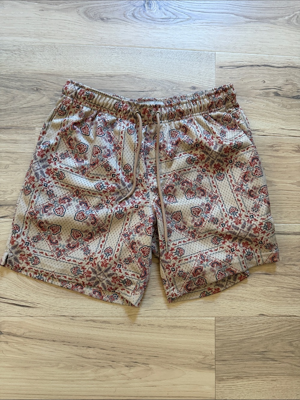 PacSun Beige Paisley Drawstring Shorts with Red and Blue Accents